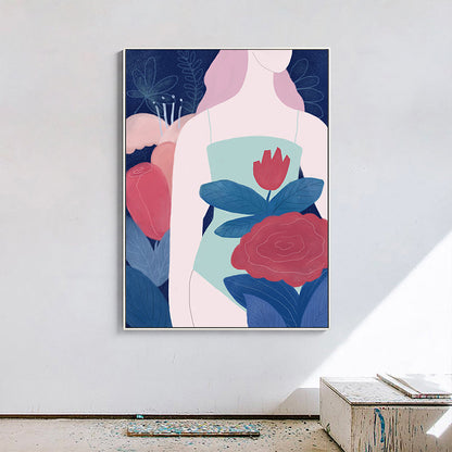 Vivolux | Frau in den Blumen Leinwanddruck Flur Figur Wandkunst Dekor in Rot, Texturiert