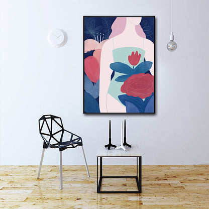 Vivolux | Frau in den Blumen Leinwanddruck Flur Figur Wandkunst Dekor in Rot, Texturiert