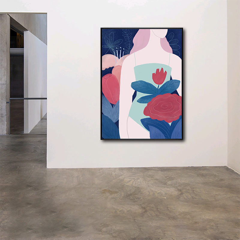 Vivolux | Frau in den Blumen Leinwanddruck Flur Figur Wandkunst Dekor in Rot, Texturiert