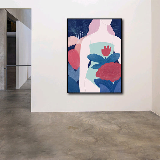 Vivolux | Frau in den Blumen Leinwanddruck Flur Figur Wandkunst Dekor in Rot, Texturiert