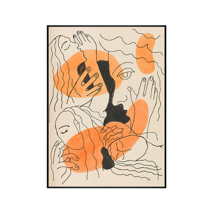 Vivolux | Orange Linienzeichnung Figuren Kunstdruck Gesichter und Hände Funky texturierte Leinwand für Zimmer