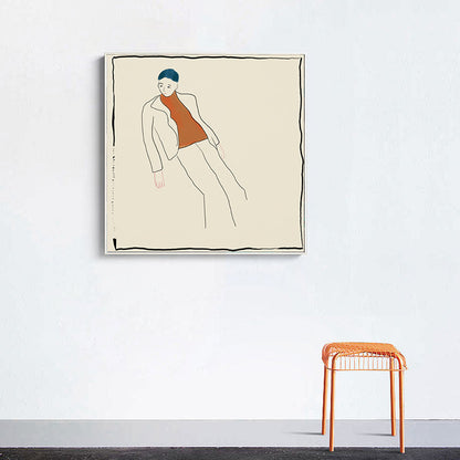 Vivolux | Beige Funky Wandkunst Druck Linienzeichnung Junge im Freizeitanzug Leinwand für Wohnzimmer