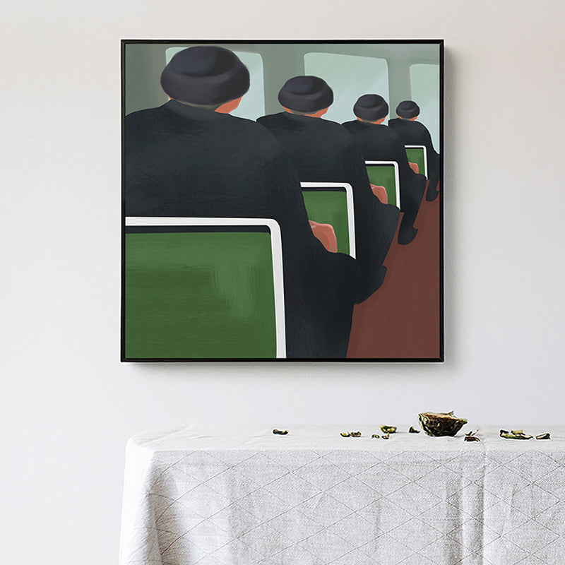 Vivolux | Schwarze Funky-Leinwanddruck-Illustration Herren im Zug Wandkunst für Zuhause