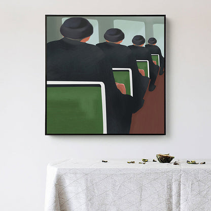 Vivolux | Schwarze Funky-Leinwanddruck-Illustration Herren im Zug Wandkunst für Zuhause