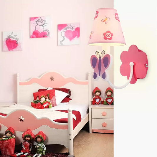 Vivolux | Schöne Schmetterling Wandlampe 1 Licht Metall Wandbeleuchtung mit Stoffschirm in Pink für das Mädchenzimmer