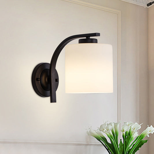 Vivolux | Schwarze 1-Licht-Wandleuchte Einfache Elfenbein Glas Zylinder Wandmontierte Lampe mit Geschwungenem Arm