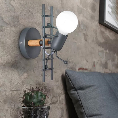 Vivolux | Grijs/wit en houten ladder man wandlamp cartoon 1-lamps metalen wandgemonteerde verlichtingsarmatuur