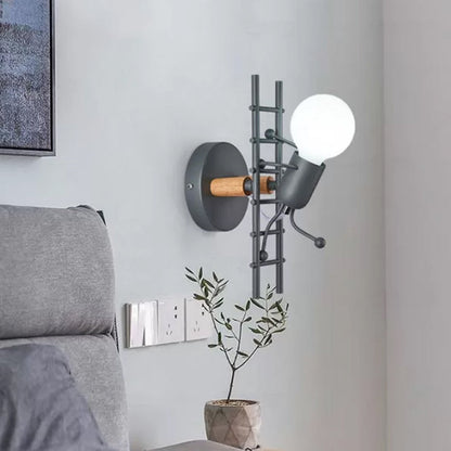 Vivolux | Grijs/wit en houten ladder man wandlamp cartoon 1-lamps metalen wandgemonteerde verlichtingsarmatuur