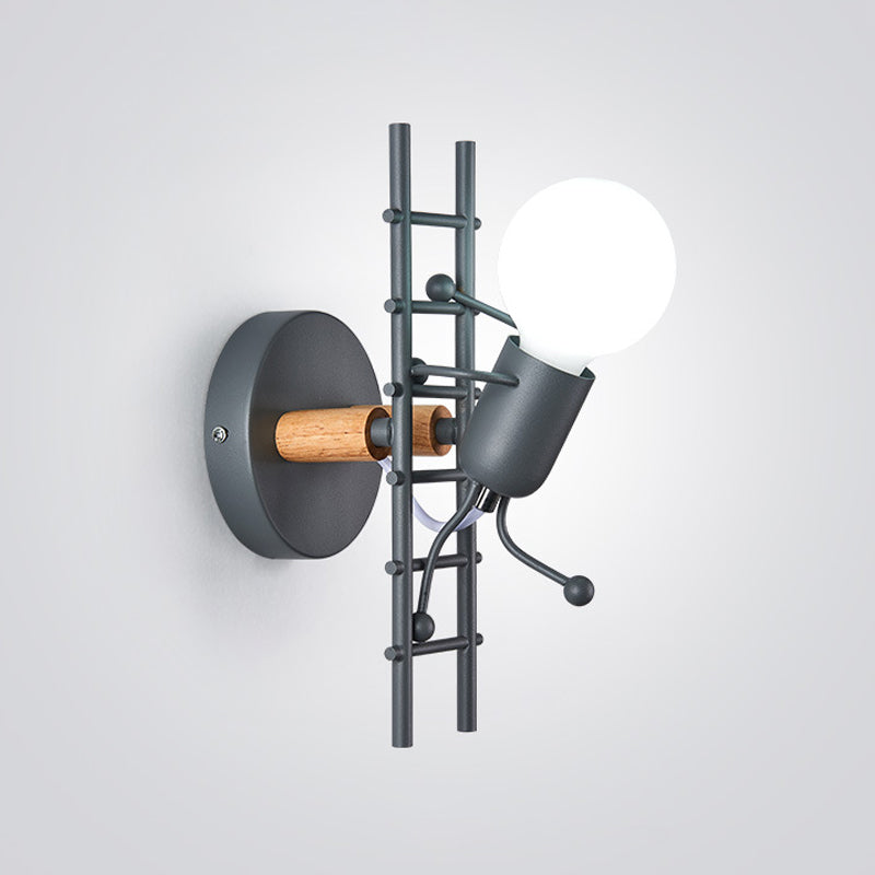 Vivolux | Grijs/wit en houten ladder man wandlamp cartoon 1-lamps metalen wandgemonteerde verlichtingsarmatuur