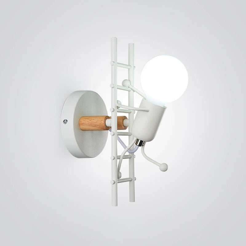 Vivolux | Grijs/wit en houten ladder man wandlamp cartoon 1-lamps metalen wandgemonteerde verlichtingsarmatuur