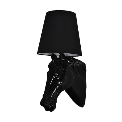 Vivolux | Resin Pferdekopf Wandlampe Künstlerisch 1-Glühbirne Schwarz/Weiß/Rot Wandlicht mit konischer Stoffschirm für Wohnzimmer