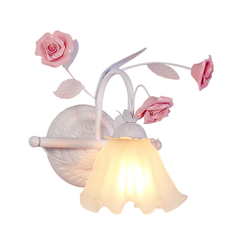 Vivolux | Koreaanse Bloem Rimpel Wandgemonteerde Lamp 1-Licht Gevroren Witte Glazen Wandlamp in Roze