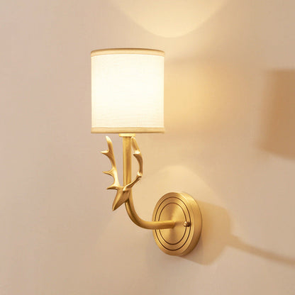 Vivolux | Zylinderstoff Wandlamp Aufhängung Cottage 1 Kopf Schlafzimmer Wandleuchte mit Hirschkopf-Deko in Schwarz/Gold