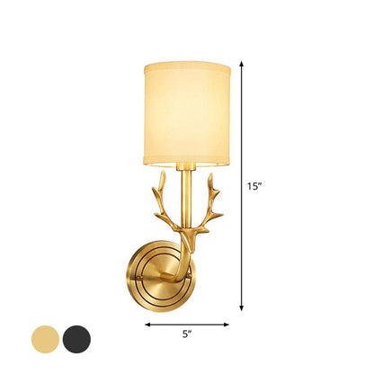 Vivolux | Zylinderstoff Wandlamp Aufhängung Cottage 1 Kopf Schlafzimmer Wandleuchte mit Hirschkopf-Deko in Schwarz/Gold