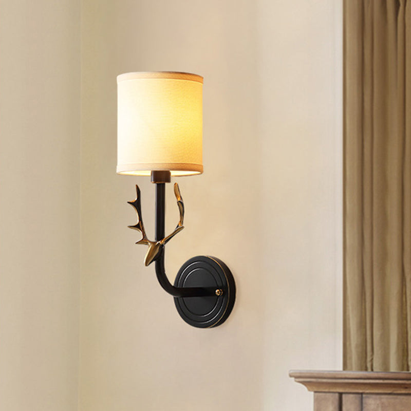 Vivolux | Zylinderstoff Wandlamp Aufhängung Cottage 1 Kopf Schlafzimmer Wandleuchte mit Hirschkopf-Deko in Schwarz/Gold