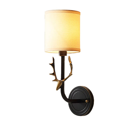 Vivolux | Zylinderstoff Wandlamp Aufhängung Cottage 1 Kopf Schlafzimmer Wandleuchte mit Hirschkopf-Deko in Schwarz/Gold
