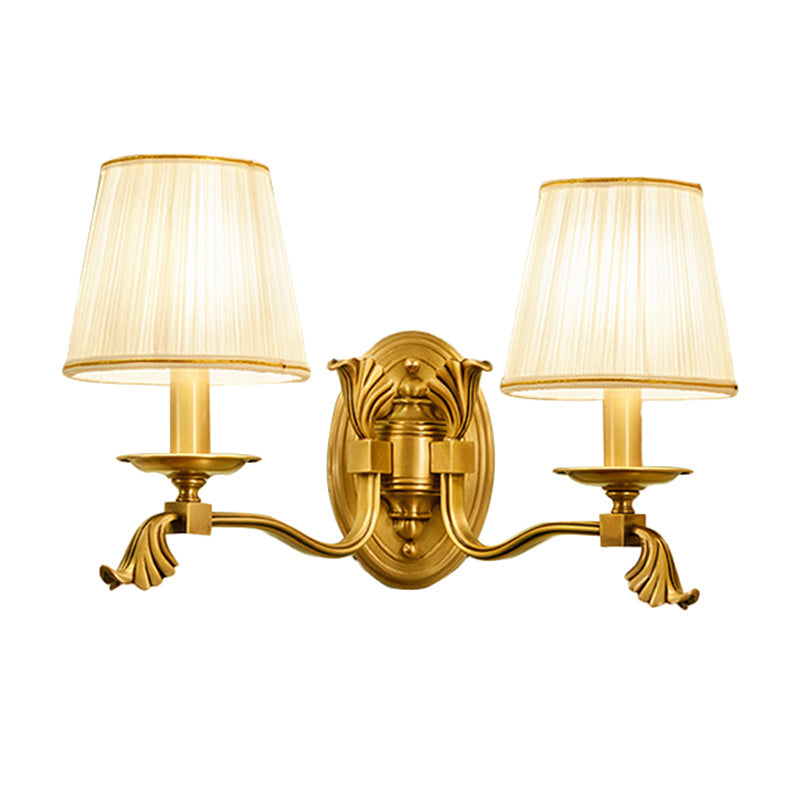 Vivolux | Kerzen Nachttisch Wandbeleuchtung Rustikales Metall 1/2-Licht Gold Wandleuchte mit konischer plissierter Stoffschirm