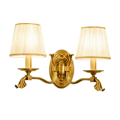 Vivolux | Kerzen Nachttisch Wandbeleuchtung Rustikales Metall 1/2-Licht Gold Wandleuchte mit konischer plissierter Stoffschirm