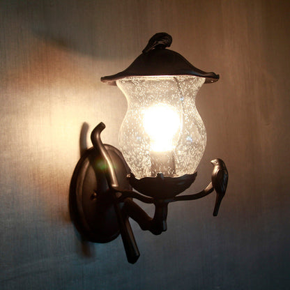 Vivolux | 1-Licht Seedy Glas Lantern Wandeinbouw Rustic Zwarte Gourde Vormige Tuin Wandlamp met Vogel Deco