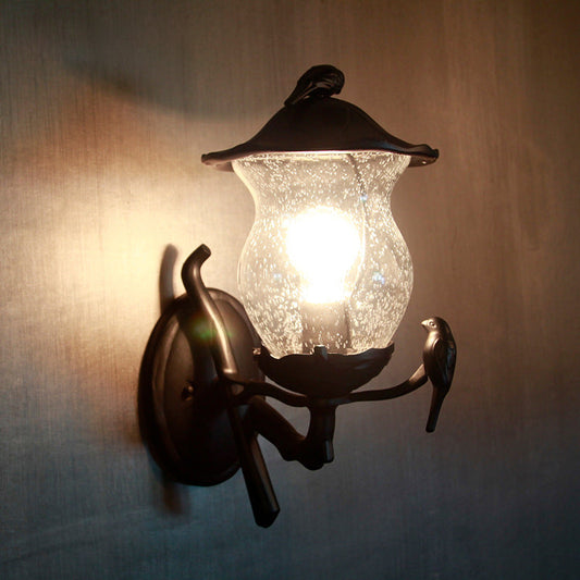Vivolux | 1-Licht Seedy Glas Lantern Wandeinbouw Rustic Zwarte Gourde Vormige Tuin Wandlamp met Vogel Deco