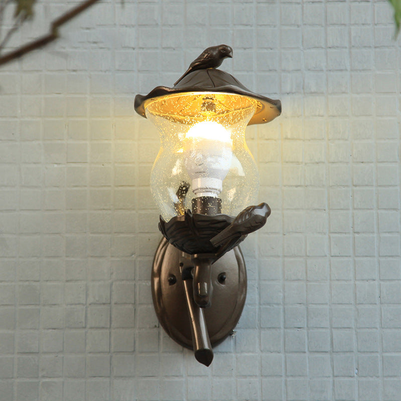 Vivolux | 1-Licht Seedy Glas Lantern Wandeinbouw Rustic Zwarte Gourde Vormige Tuin Wandlamp met Vogel Deco