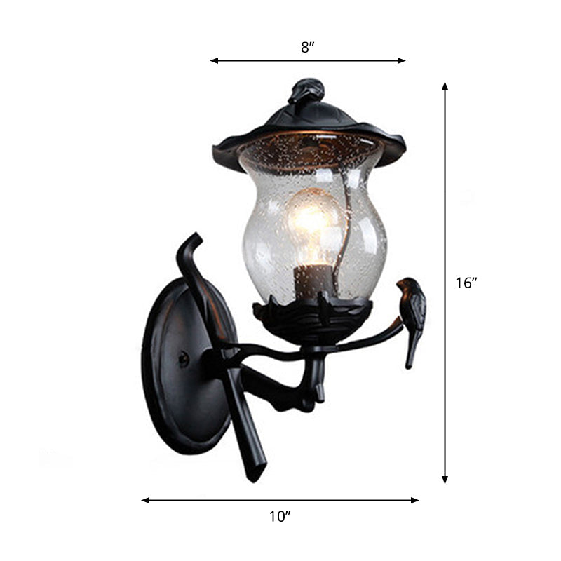 Vivolux | 1-Licht Seedy Glas Lantern Wandeinbouw Rustic Zwarte Gourde Vormige Tuin Wandlamp met Vogel Deco