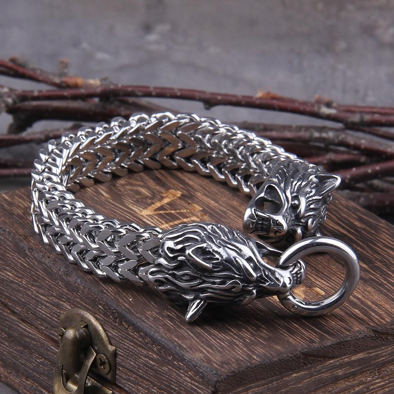 Viking Edelstahl Doppelwolfkopf Fenrir Armband