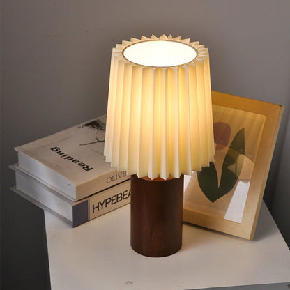 Vivolux | Vintage Korean Plissee Säule Massivholz Basis 1-Licht Tischlampe