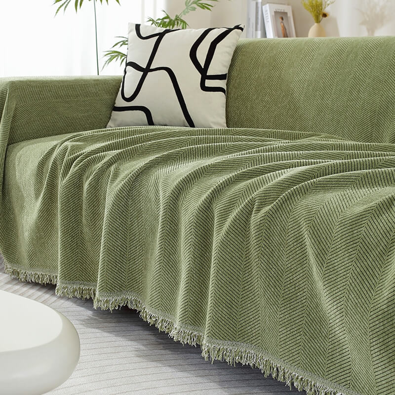 Vivolux | Chenille Decke Fischgrat Quaste Couchbezug