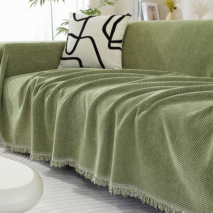 Vivolux | Chenille Decke Fischgrat Quaste Couchbezug