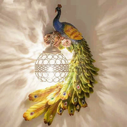 Vivolux | Klassische Pfauen Wandlampe Sconces 1 Glühbirne Harz Wandleuchte mit sphärischem Kristall besetztem Schirm