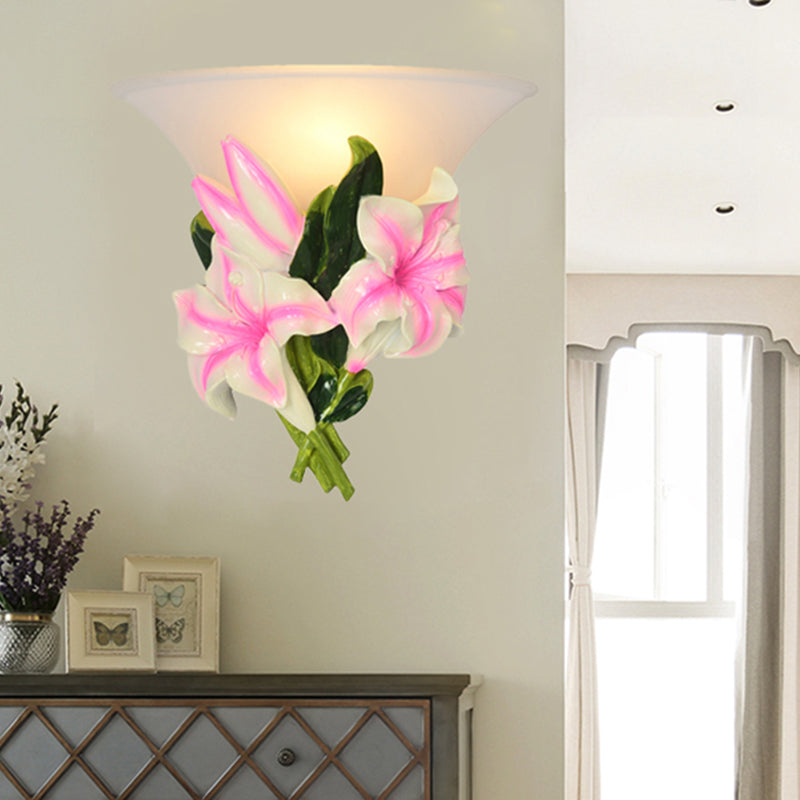 Vivolux | Frosted Glass Flared Wall Light Rustiek 1 Licht Woonkamer Muurverlichting met Roze Bloem Decoratie