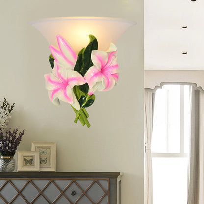 Vivolux | Frosted Glass Flared Wall Light Rustiek 1 Licht Woonkamer Muurverlichting met Roze Bloem Decoratie