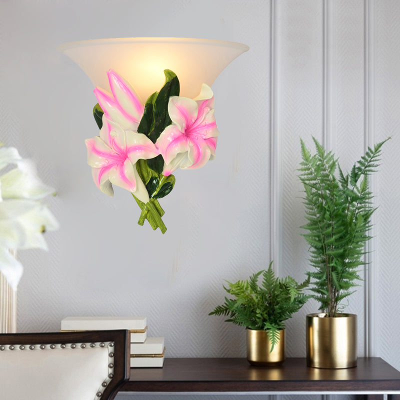 Vivolux | Frosted Glass Flared Wall Light Rustiek 1 Licht Woonkamer Muurverlichting met Roze Bloem Decoratie