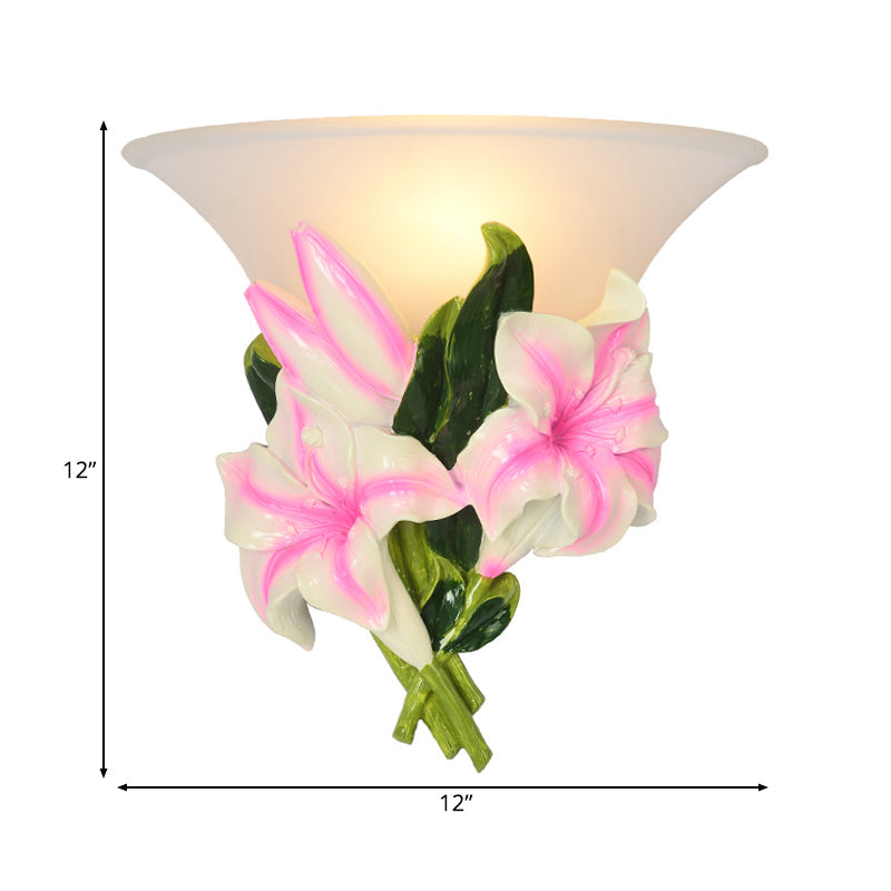 Vivolux | Frosted Glass Flared Wall Light Rustiek 1 Licht Woonkamer Muurverlichting met Roze Bloem Decoratie