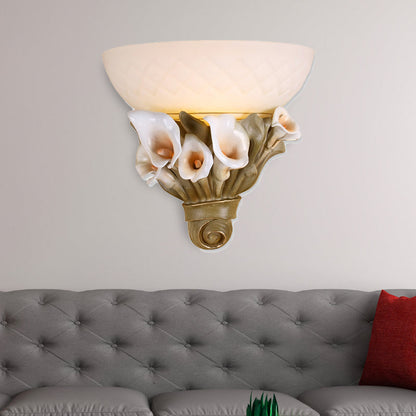 Vivolux | Bowl Witte Glazen Wandlamp Vintage 1 Licht Bedlampje met Geel/Wit Bloem ontwerp