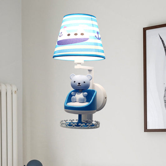 Vivolux | Verpleegkamer Speelgoed Beer Muur Lamp met Schip Stof 1 Hoofd Kinderen Blauw Wandlamp