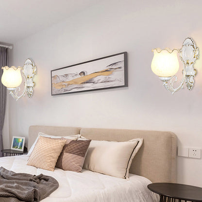 Vivolux | Traditionale Blumentapete Wandlicht Frost Glas Wandlicht Leuchte mit Rüschensaum für Flur