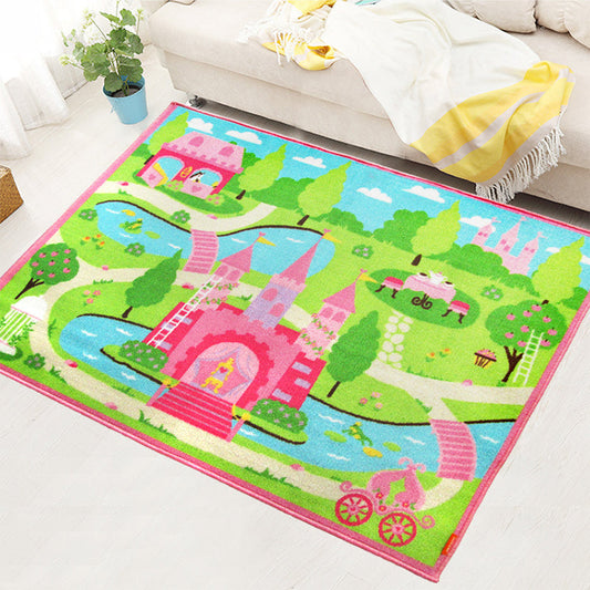 Vivolux | Süßes Schloss Landschaft Druck Teppich Rosa Cartoon Bereich Teppich Synthetik Fleckenresistent Rutschfeste Rückseite Waschbarer Teppich für Kinderzimmer