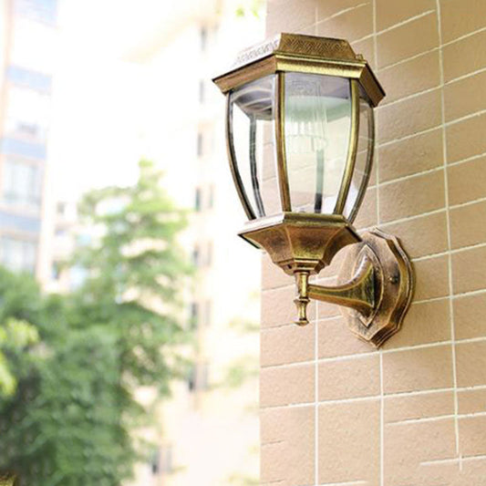 Vivolux | Vintage House Shaped Solar Wandlamp Metallisch LED Wandmontierte Lampe mit Glasschirm für Außenbereich