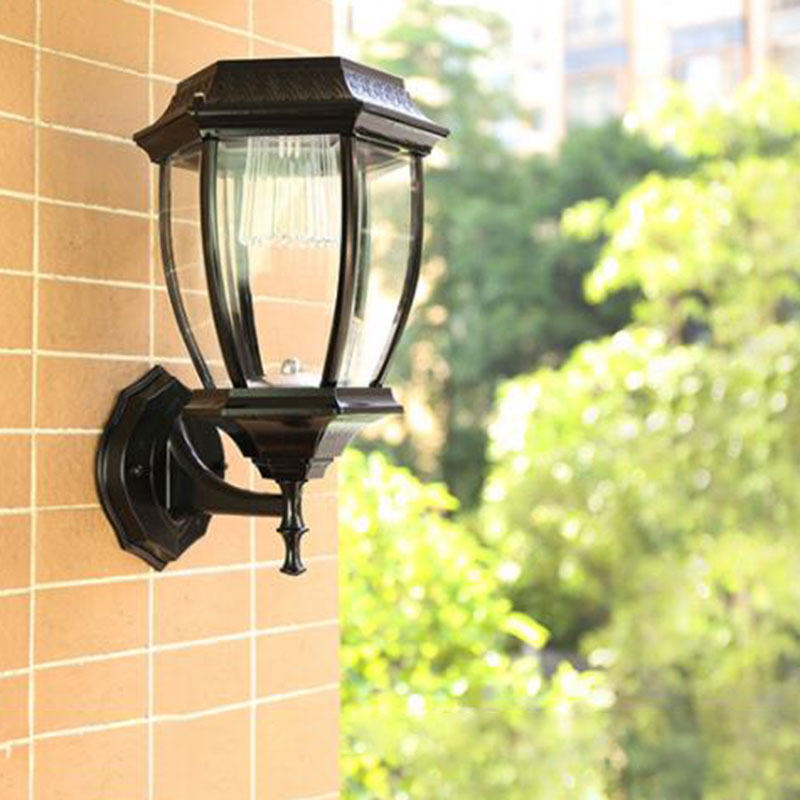 Vivolux | Vintage House Shaped Solar Wandlamp Metallisch LED Wandmontierte Lampe mit Glasschirm für Außenbereich
