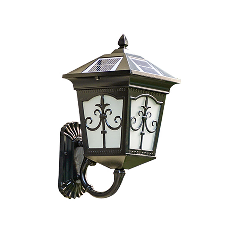 Vivolux | Hausförmige Metallische Solar Wandlampe Vintage Innenhof LED Wandmontierte Lampe mit Frosted Glas Schirm