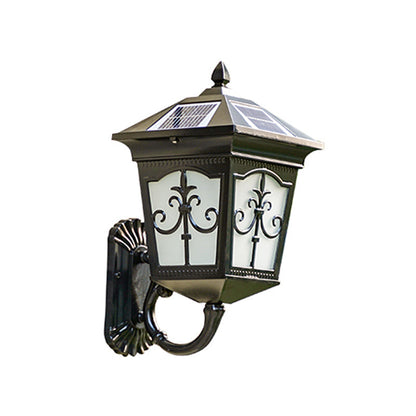 Vivolux | Hausförmige Metallische Solar Wandlampe Vintage Innenhof LED Wandmontierte Lampe mit Frosted Glas Schirm