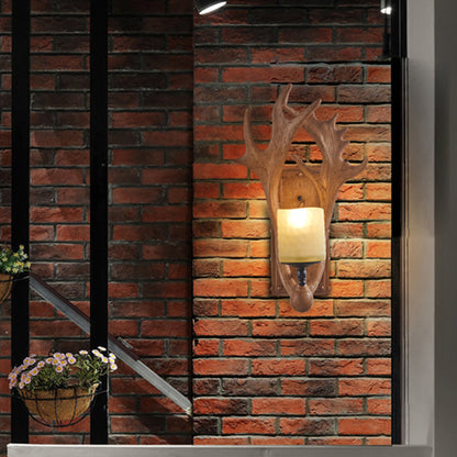 Vivolux | Deer Horn Harz Wandlampe Vintage Restaurant Wandmontierte Lampe mit Zylinder Beigefarbenem Glasschirm in Braun