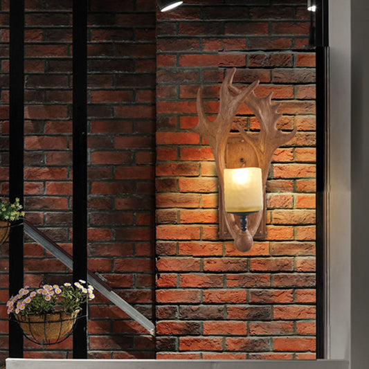 Vivolux | Deer Horn Harz Wandlampe Vintage Restaurant Wandmontierte Lampe mit Zylinder Beigefarbenem Glasschirm in Braun