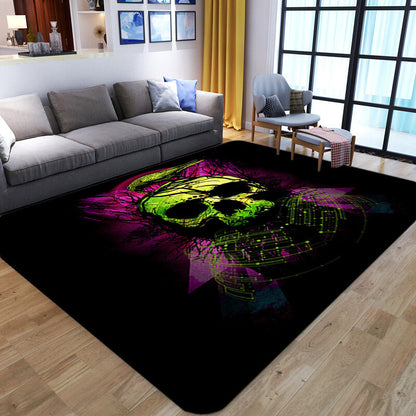 Vivolux | Punk Abstract Skull Print Teppich Schwarz Neuheit Teppich Synthetik Fleckenbeständig Maschinenwaschbar Rutschfeste Rückseite Teppich für Wohnzimmer