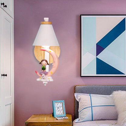 Vivolux | Tapered Wandlamp Kinderen Metallic 1-Licht Bedside Wandverlichting met Decoratieve Beeldje in Wit