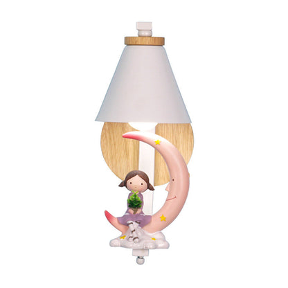 Vivolux | Tapered Wandlamp Kinderen Metallic 1-Licht Bedside Wandverlichting met Decoratieve Beeldje in Wit