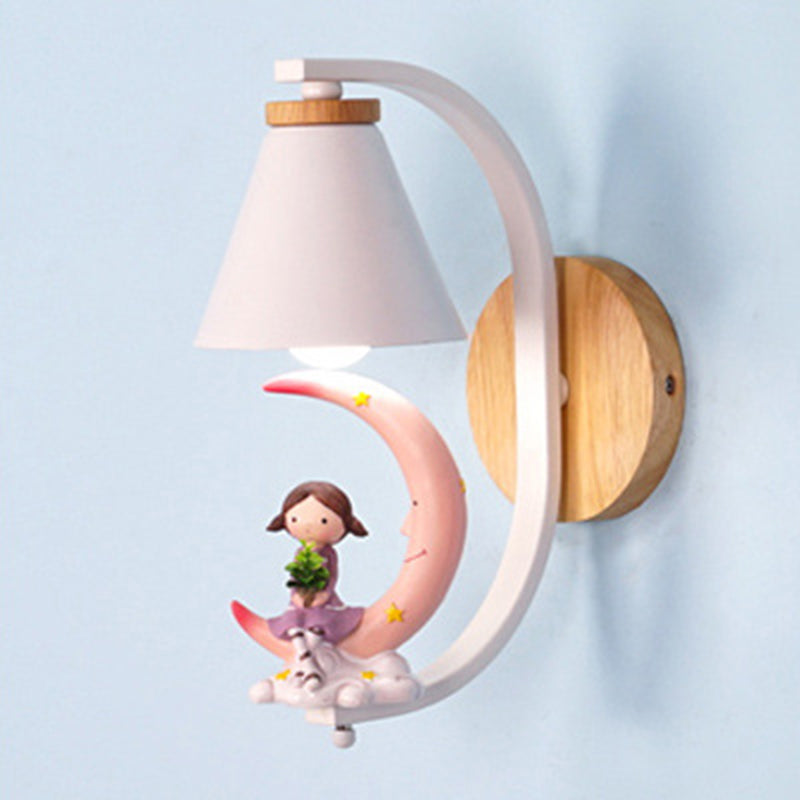 Vivolux | Tapered Wandlamp Kinderen Metallic 1-Licht Bedside Wandverlichting met Decoratieve Beeldje in Wit