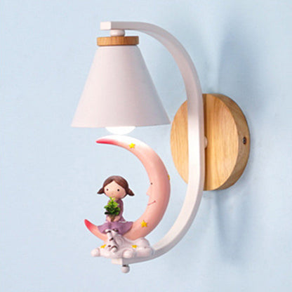 Vivolux | Tapered Wandlamp Kinderen Metallic 1-Licht Bedside Wandverlichting met Decoratieve Beeldje in Wit